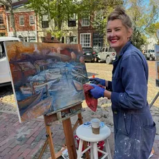 Plein Air artist @nantucketartistsleague prepping for tomorrow’s Wet Paint event.  Stop by and see her on Main Street