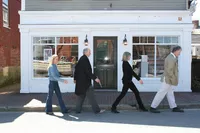 Four artists in Abbey Road meme - (l-r) Joan Albaugh, Robert Frazier, Julija Mostykanova, David Lazarus