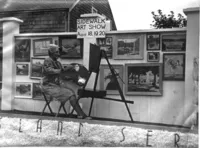 Ruth Haviland Sutton advertising the Sidewalk Art Show in a 4th of July parade in the 1940s - photo by Louis Davidson